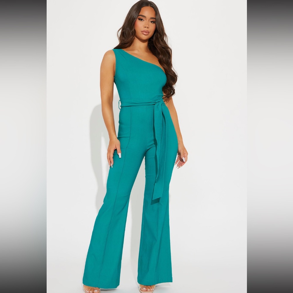 Fashion Nova Turquoise One Shoulder Jumpsuit